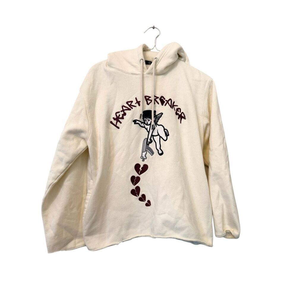 Focus Embroidered Heartbreaker Cupid Fleece Pullover Ivory Hoodie Size Medium